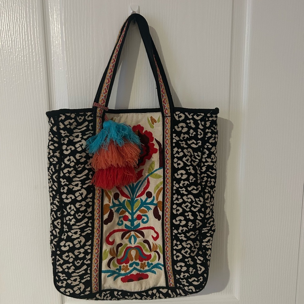 Embroidered Black and Multicolor Tote Bag
